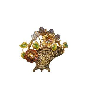 Vintage Floral Basket Brooch With Rhinestone Accents Enamel Details